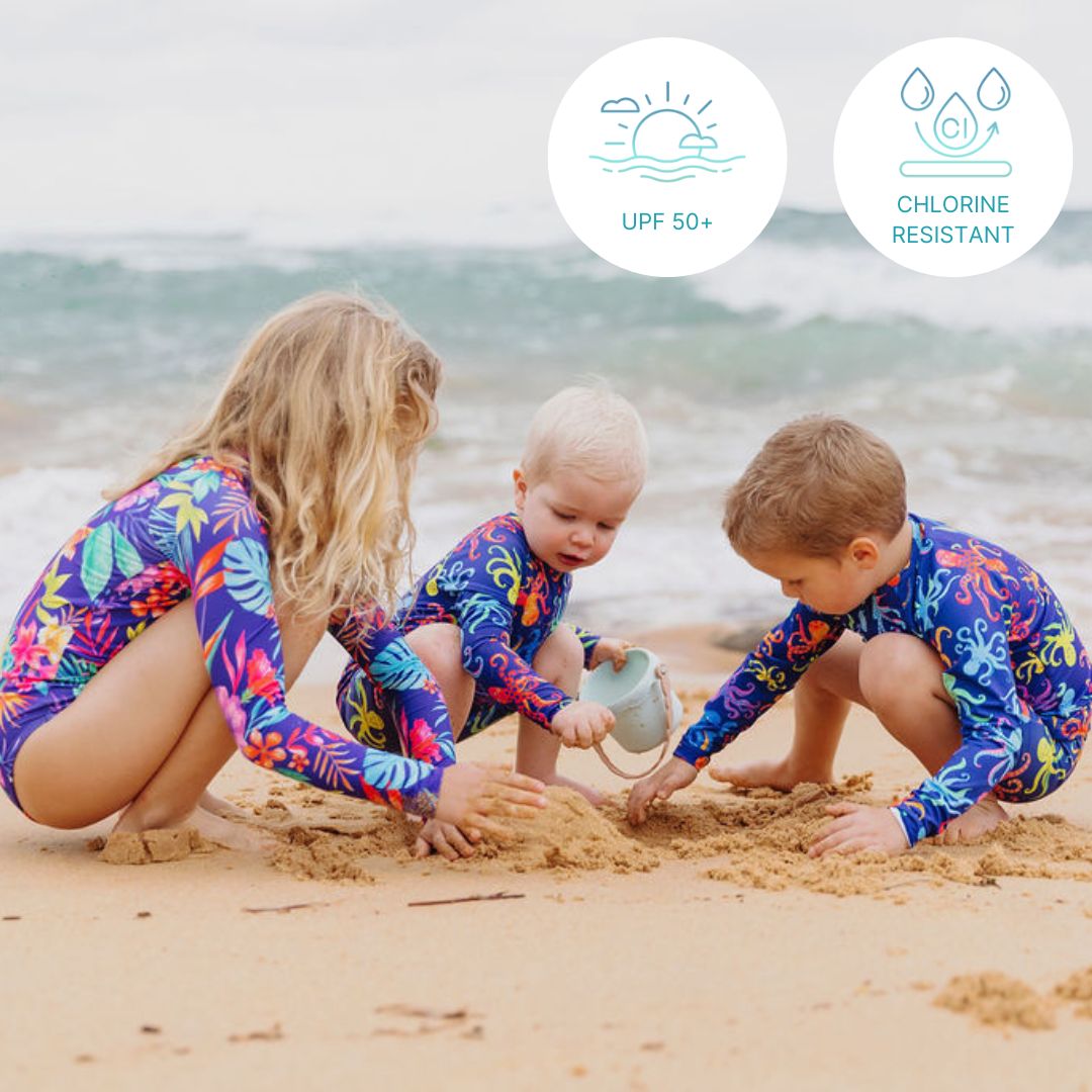kids sunsmart swimwear on beach