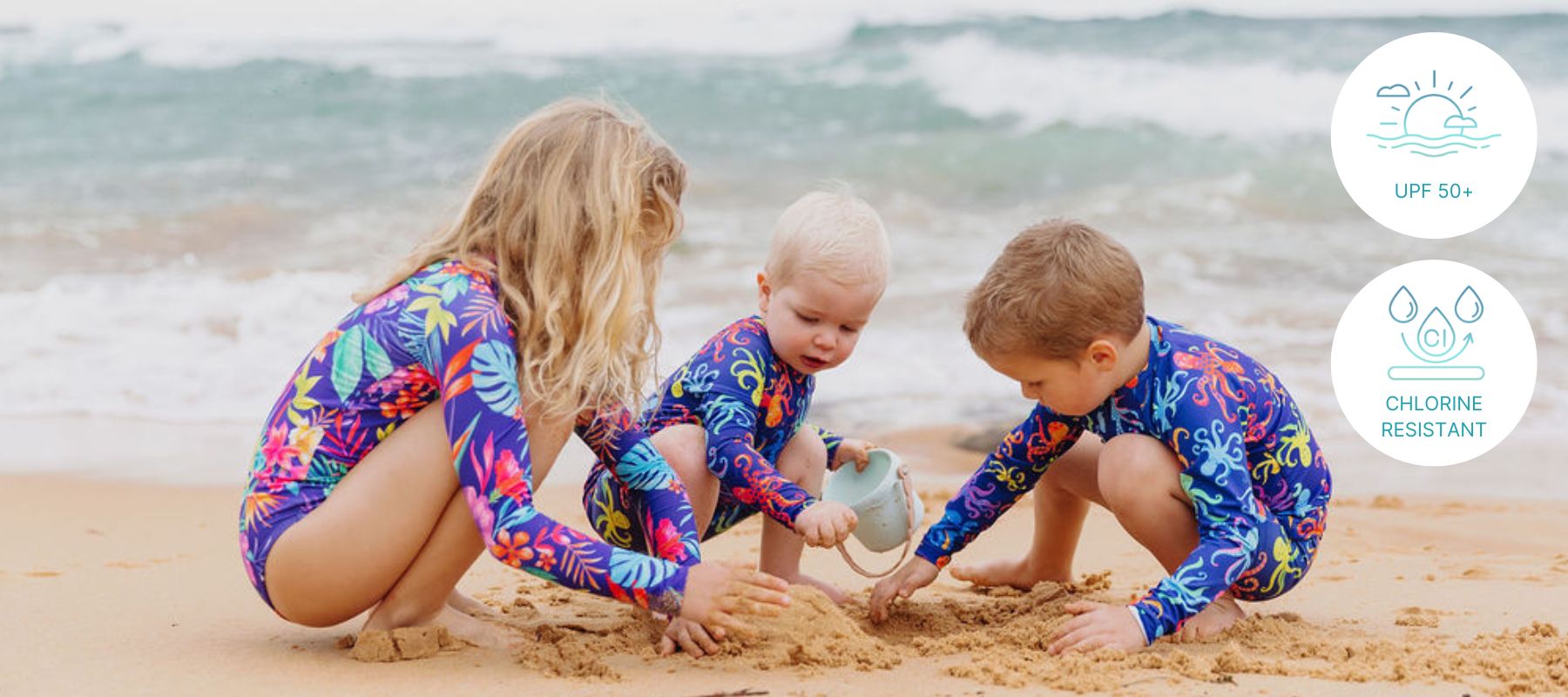 Sunsmart kids swimwear on beach