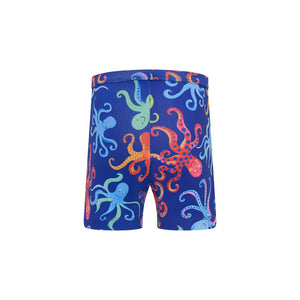 back view boys swim trunk with colourful octopus print