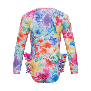 girls multi colour floral surfsuit back view
