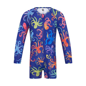 boys one piece swimsuit with colourful octopus print