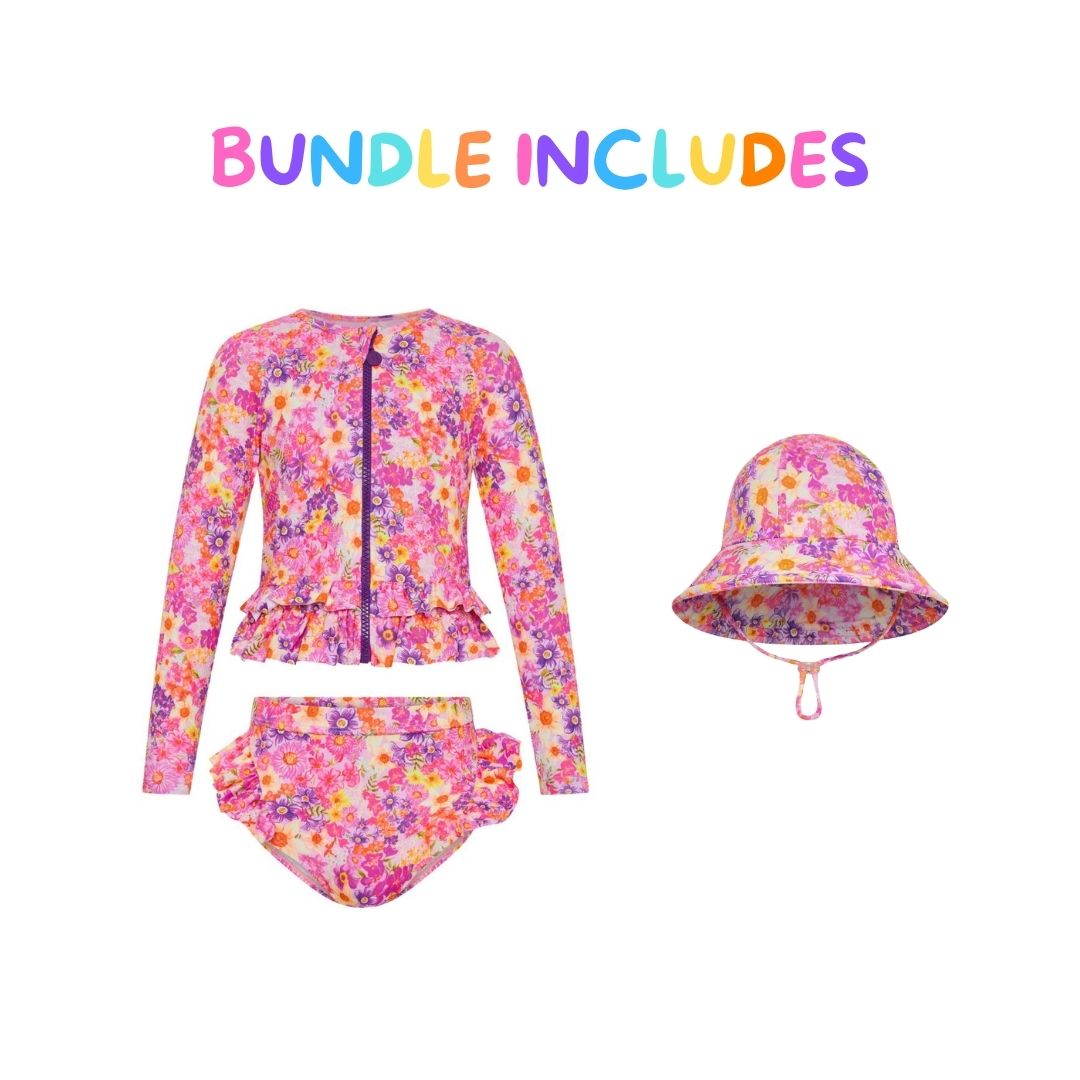 Girls rashie set + hat bundle - sizes 3-10